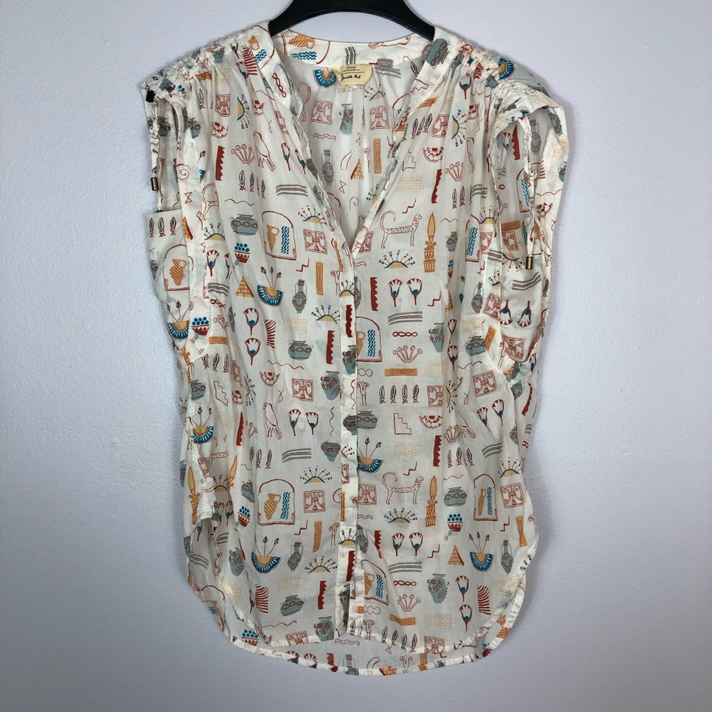 Anthropologie Cream Button Front Blouse with Multicolor Motif